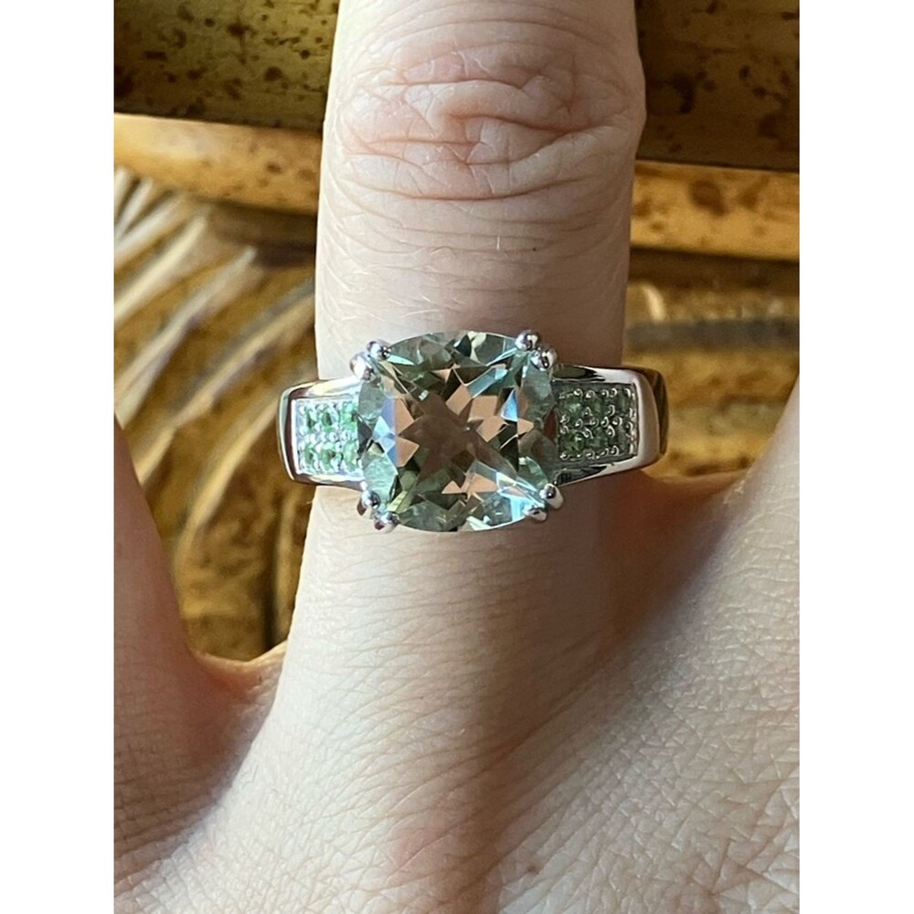 Natural Prasiolite Tsavorite Sterling Silver Ring Size 6